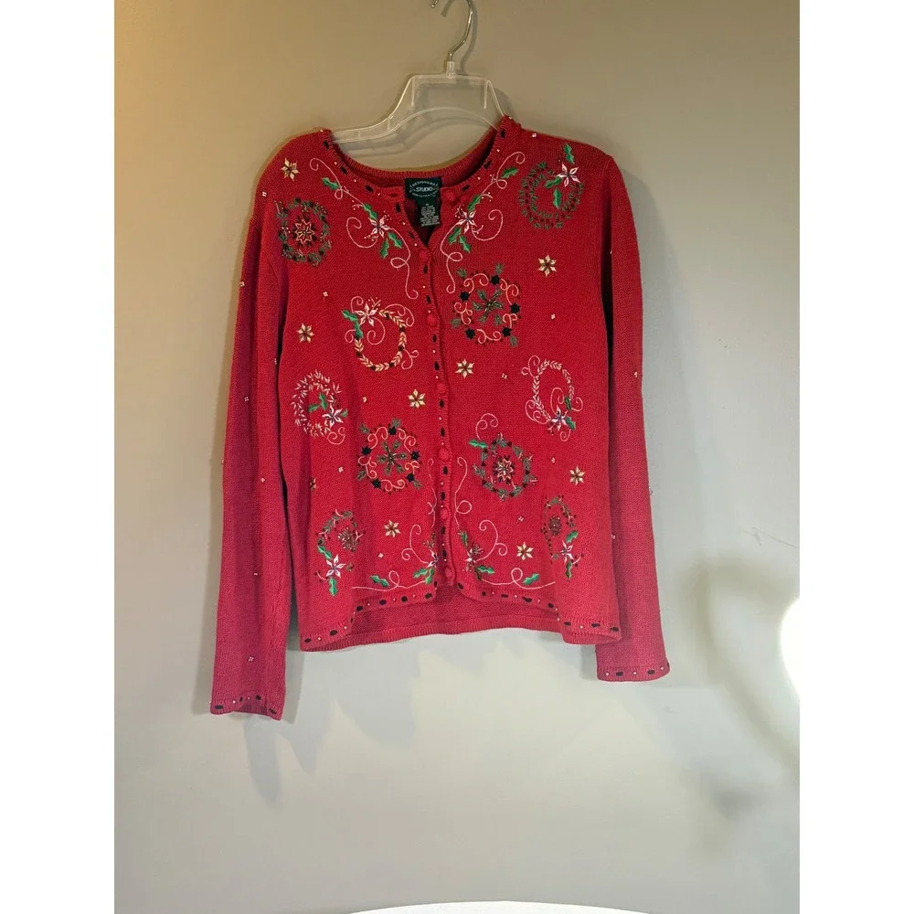 Designers Studio Originals Cardigan Women M Red Holiday Embroidered Beaded Holly